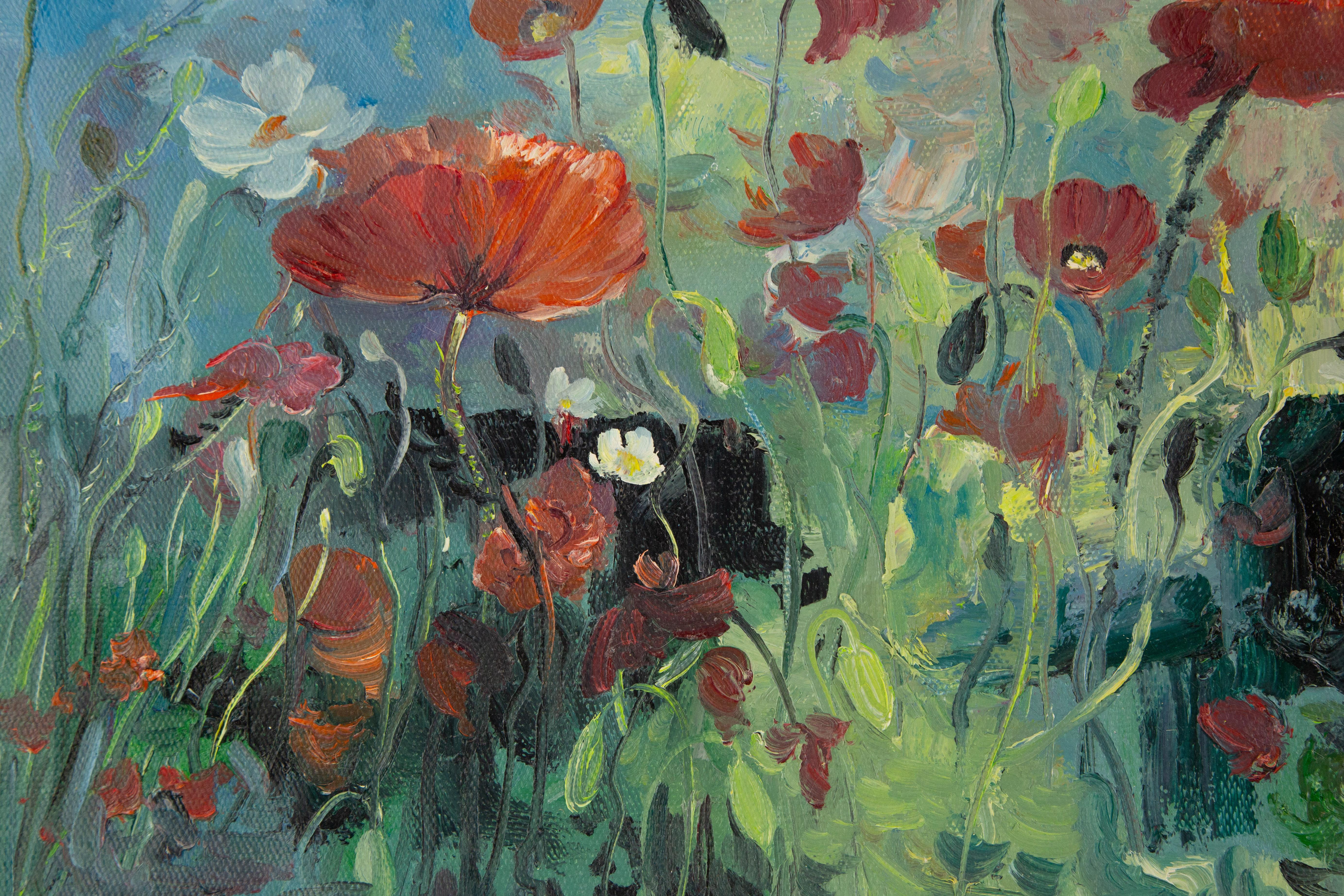 PanPanPan Wei, geblümtes Original-Ölgemälde „Blumengemälde „Blumen aus rotem Mohn“ (Grau), Landscape Painting, von Panpan Wei