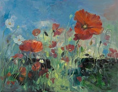 PanPan Wei Floral Original Oil Painting "Blooming Red Poppy"
