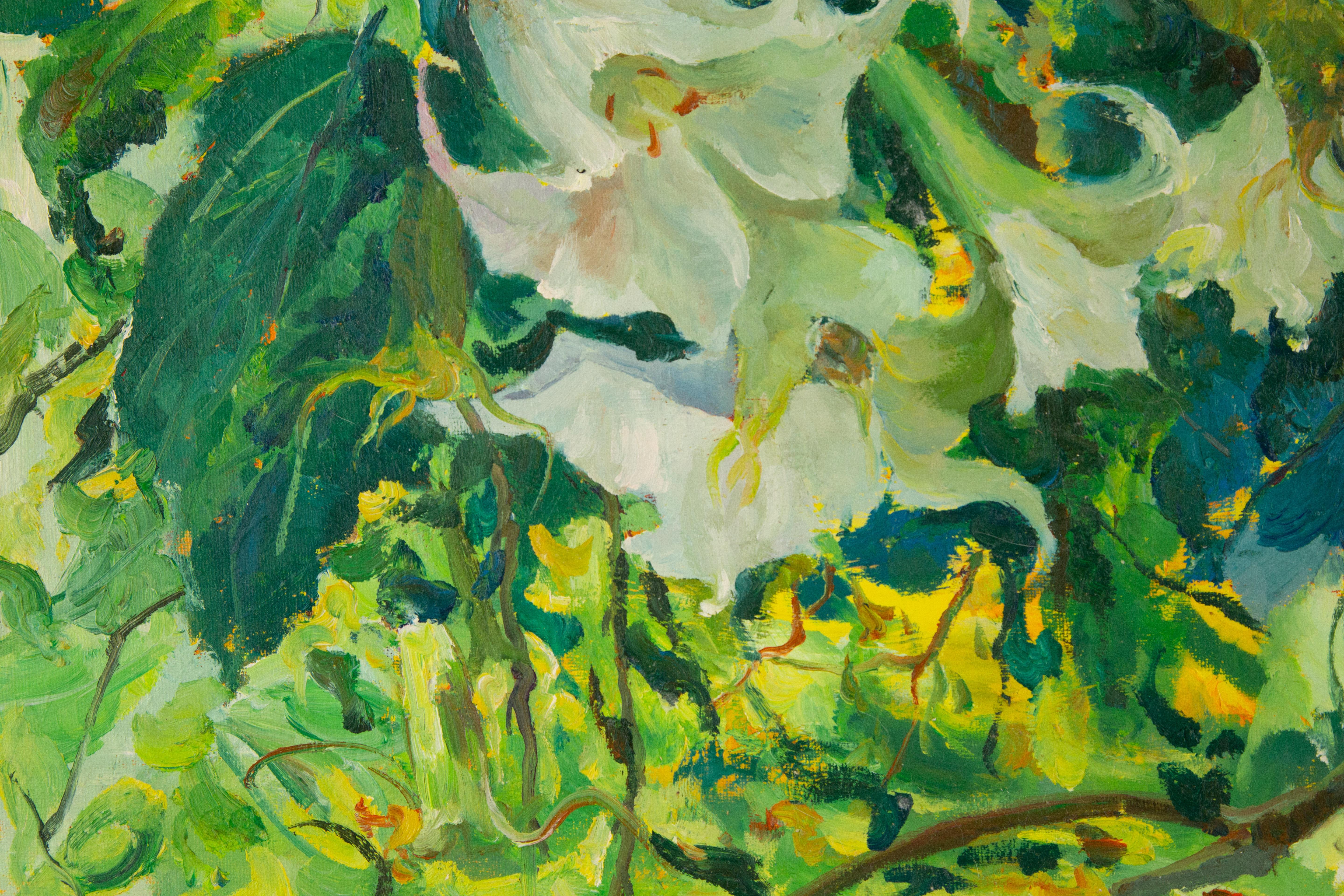 PanPanPan Wei, geblümtes Original-Ölgemälde „Weißer Morgenblick“, Original (Grün), Still-Life Painting, von Panpan Wei
