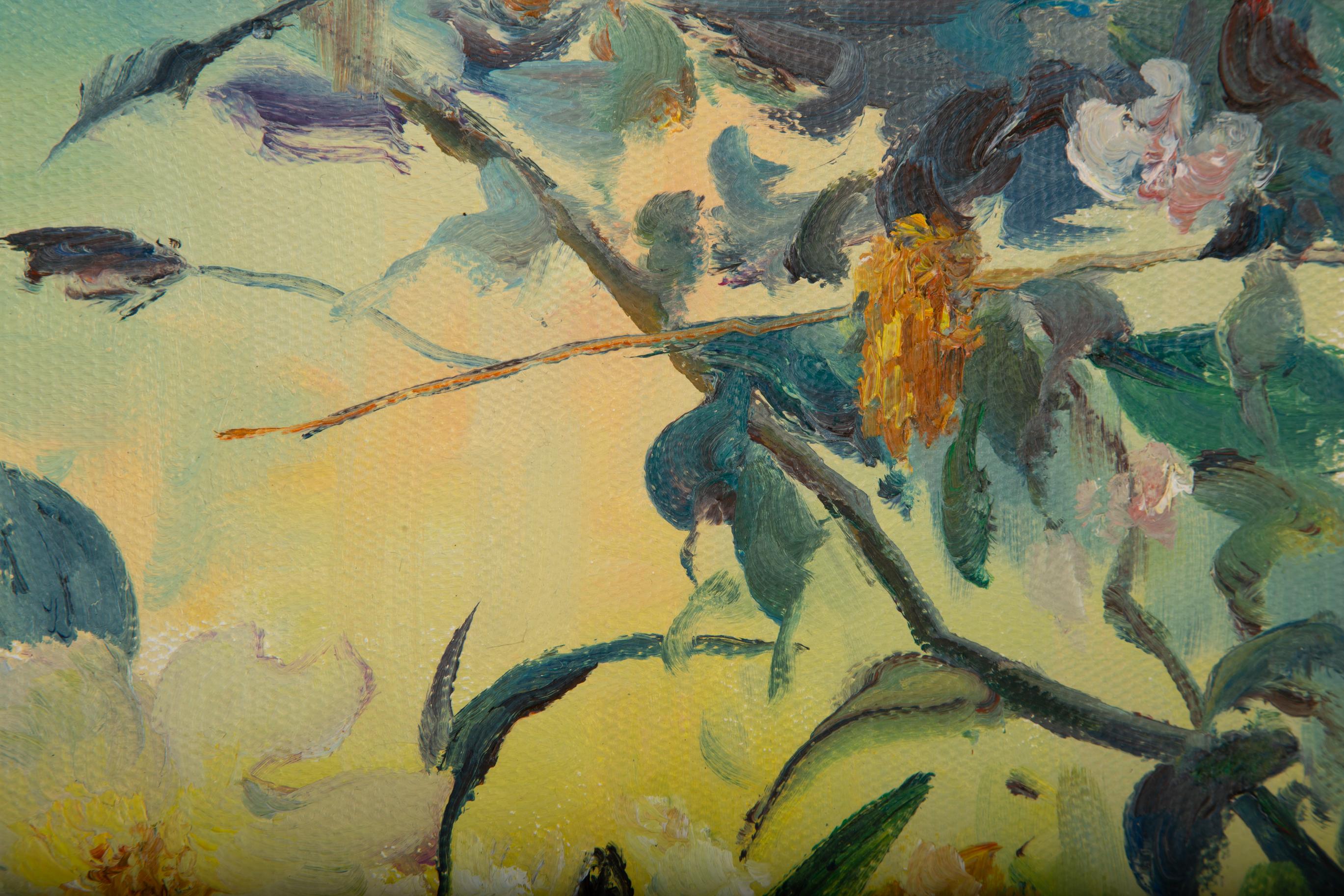  Title: Flower Whisperer II
 Medium: Oil on canvas
 Size: 12 x 15.5 inches
 Frame: Framing options available!
 Condition: The painting appears to be in excellent condition.
 Note: This painting is unstretched
 Year: 2000 Circa
 Artist: PanPan Wei
