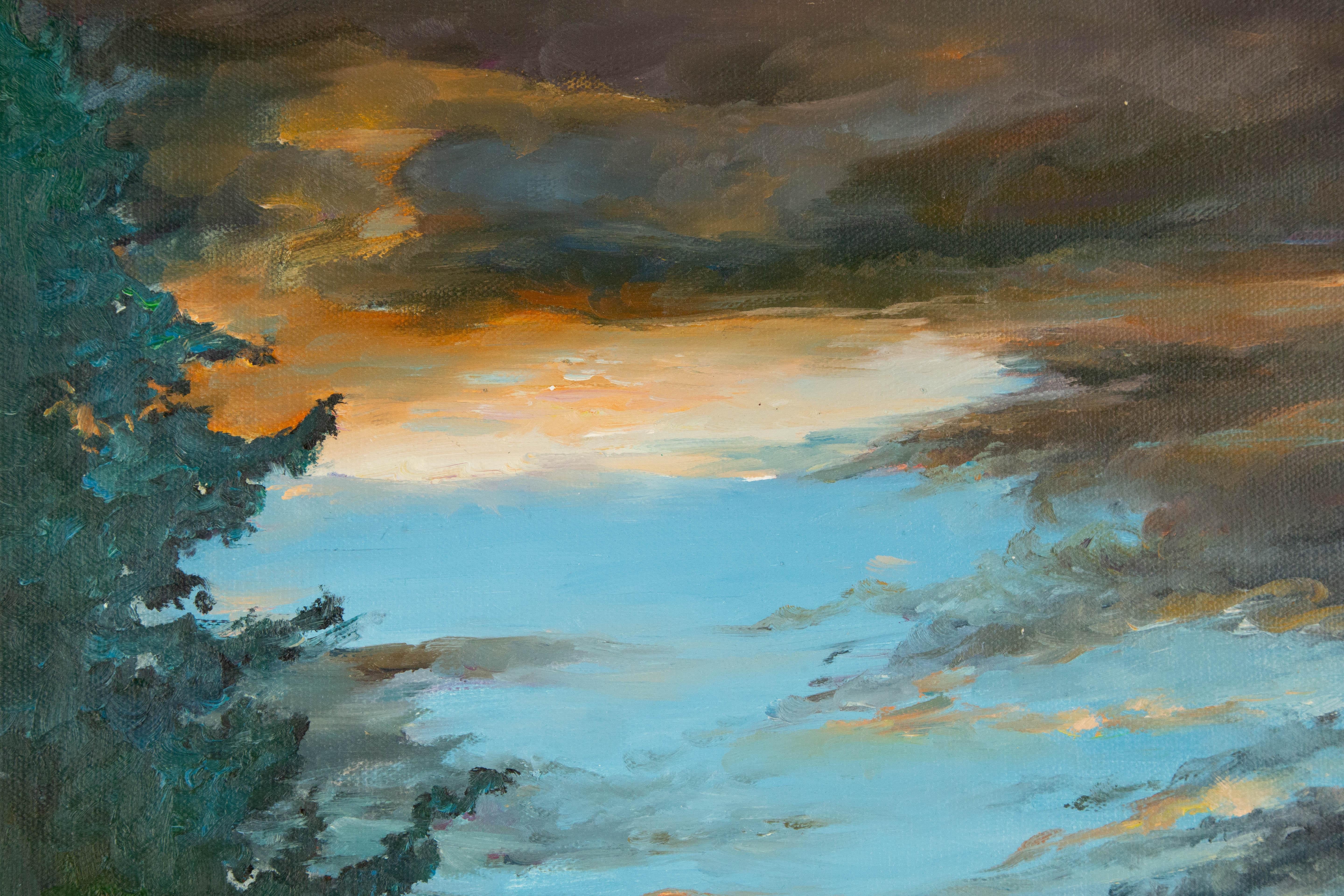 Panpan Wei Landschaft, Original, Ölgemälde auf Leinwand, „Sonnenuntergang Glow“ im Angebot 1