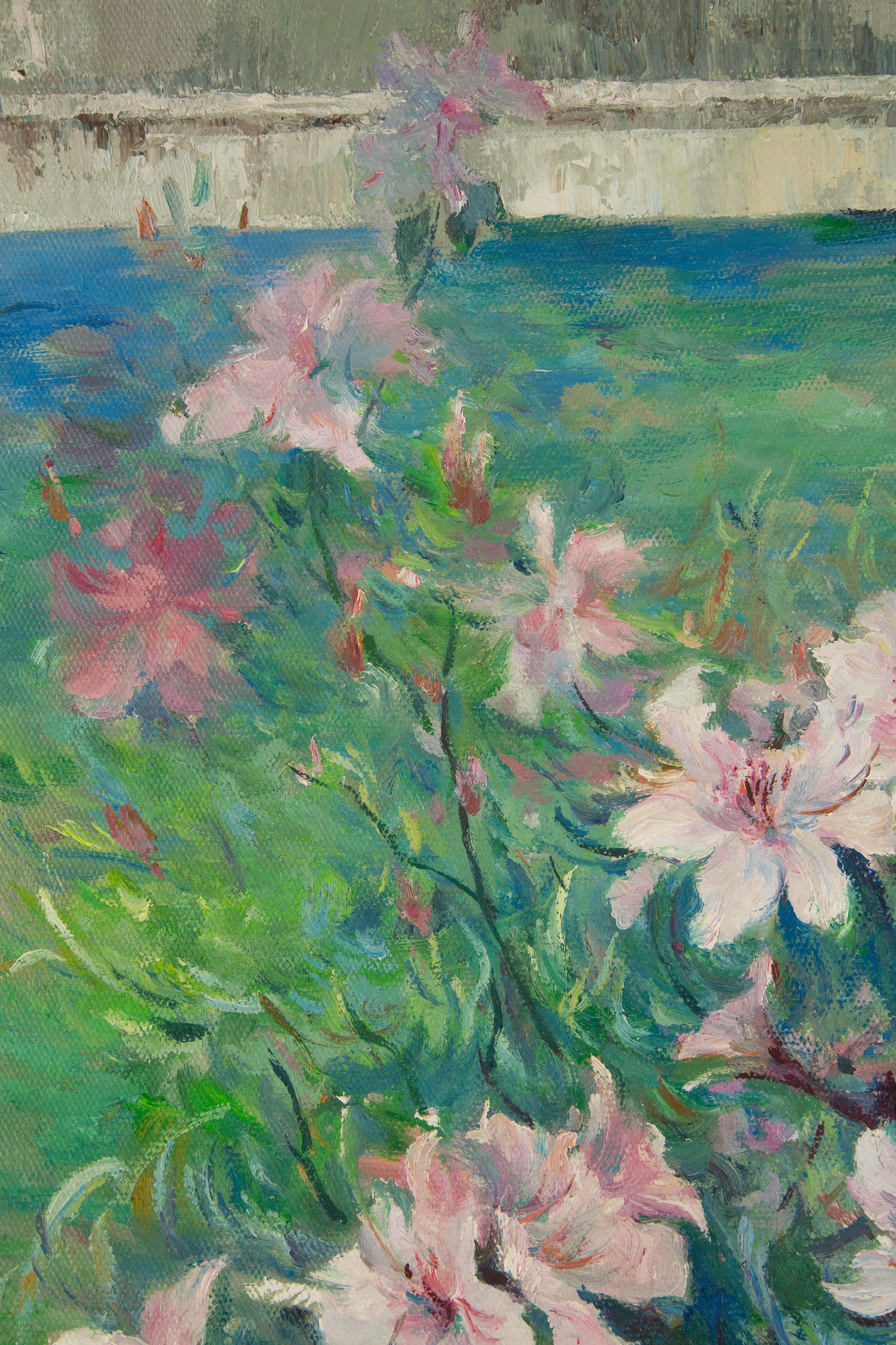 Peinture à l'huile originale d'un paysage de Panpan Wei « Azalea By The Wall » (Azalea au mur) en vente 1