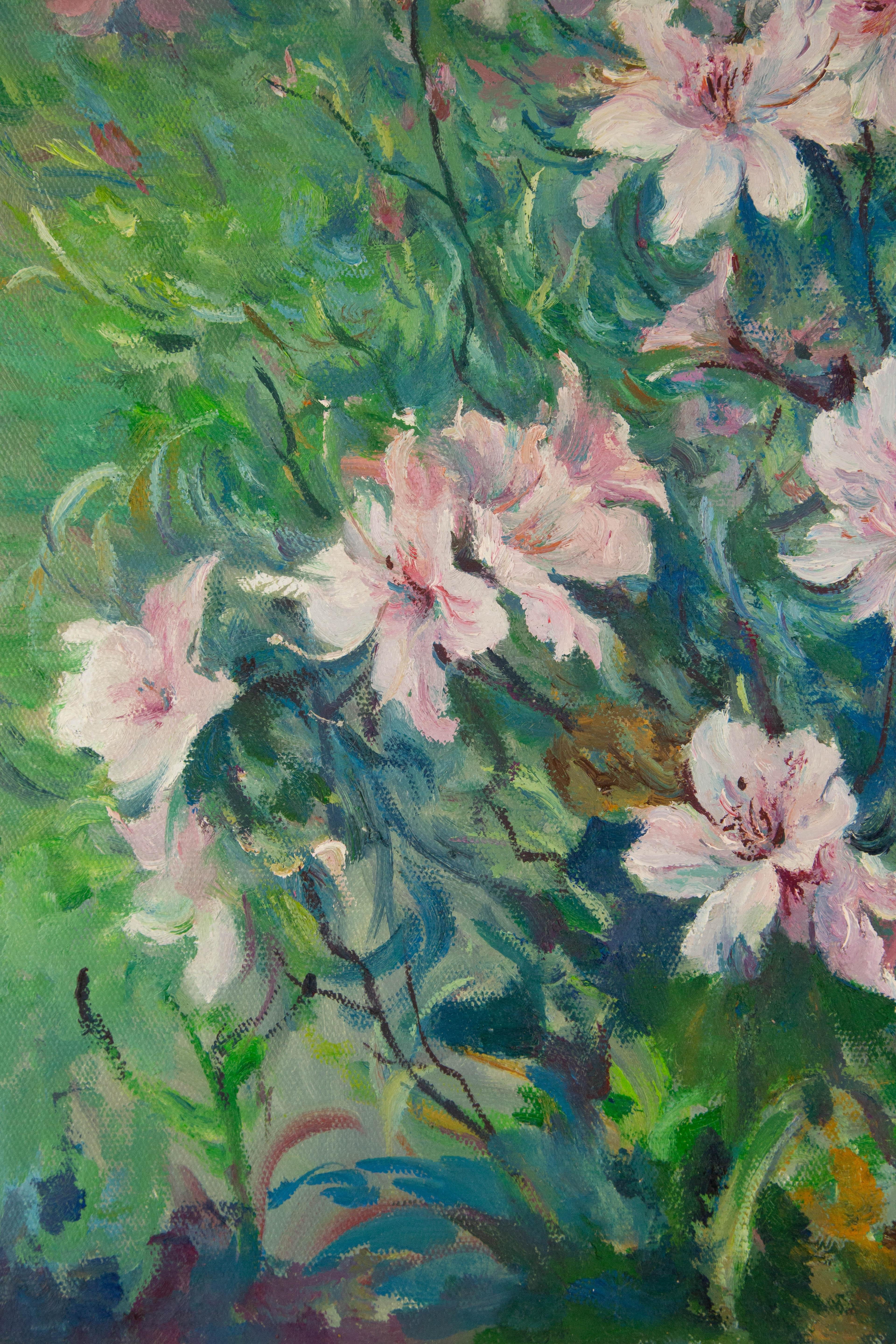 Peinture à l'huile originale d'un paysage de Panpan Wei « Azalea By The Wall » (Azalea au mur) en vente 2