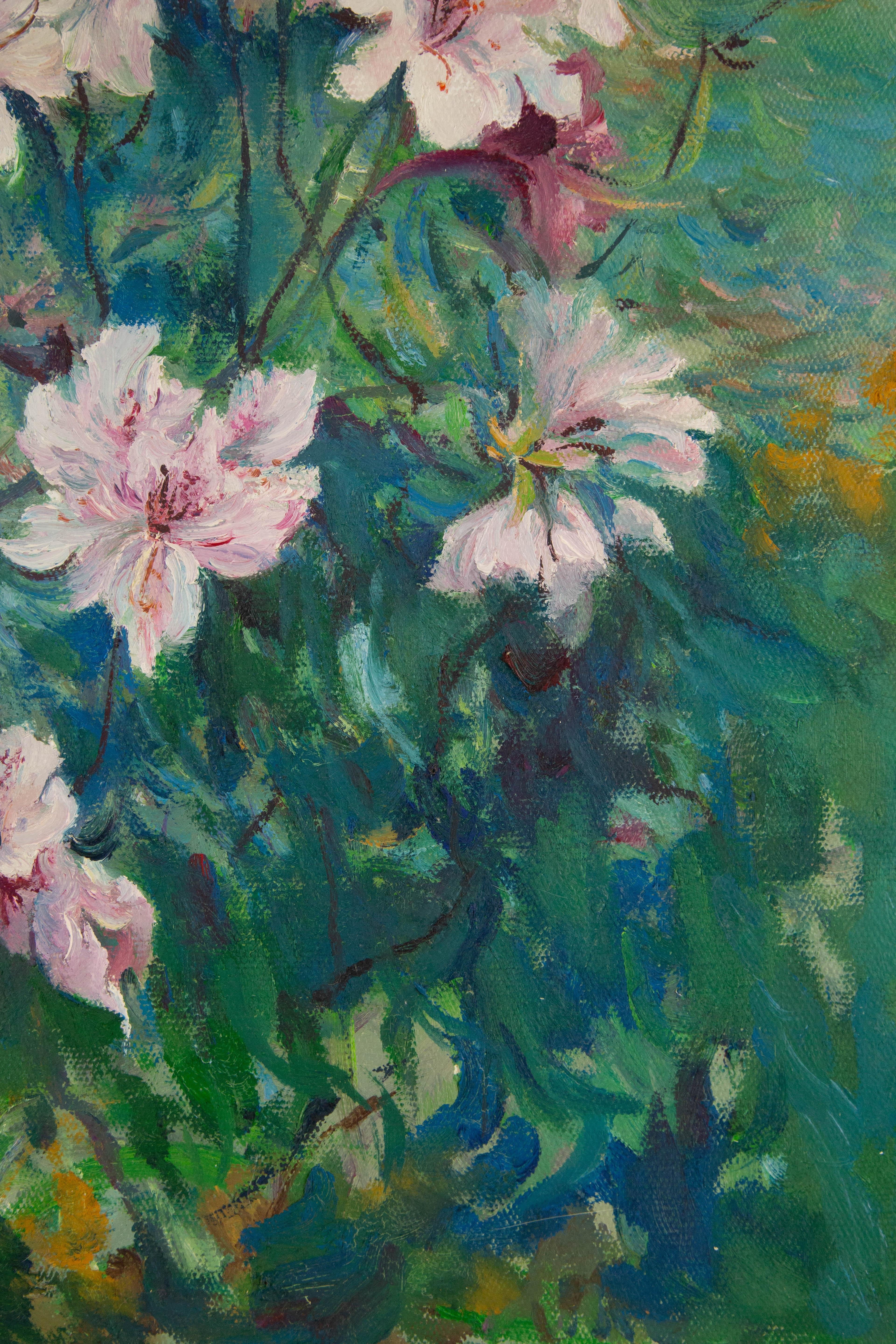 Peinture à l'huile originale d'un paysage de Panpan Wei « Azalea By The Wall » (Azalea au mur) en vente 4
