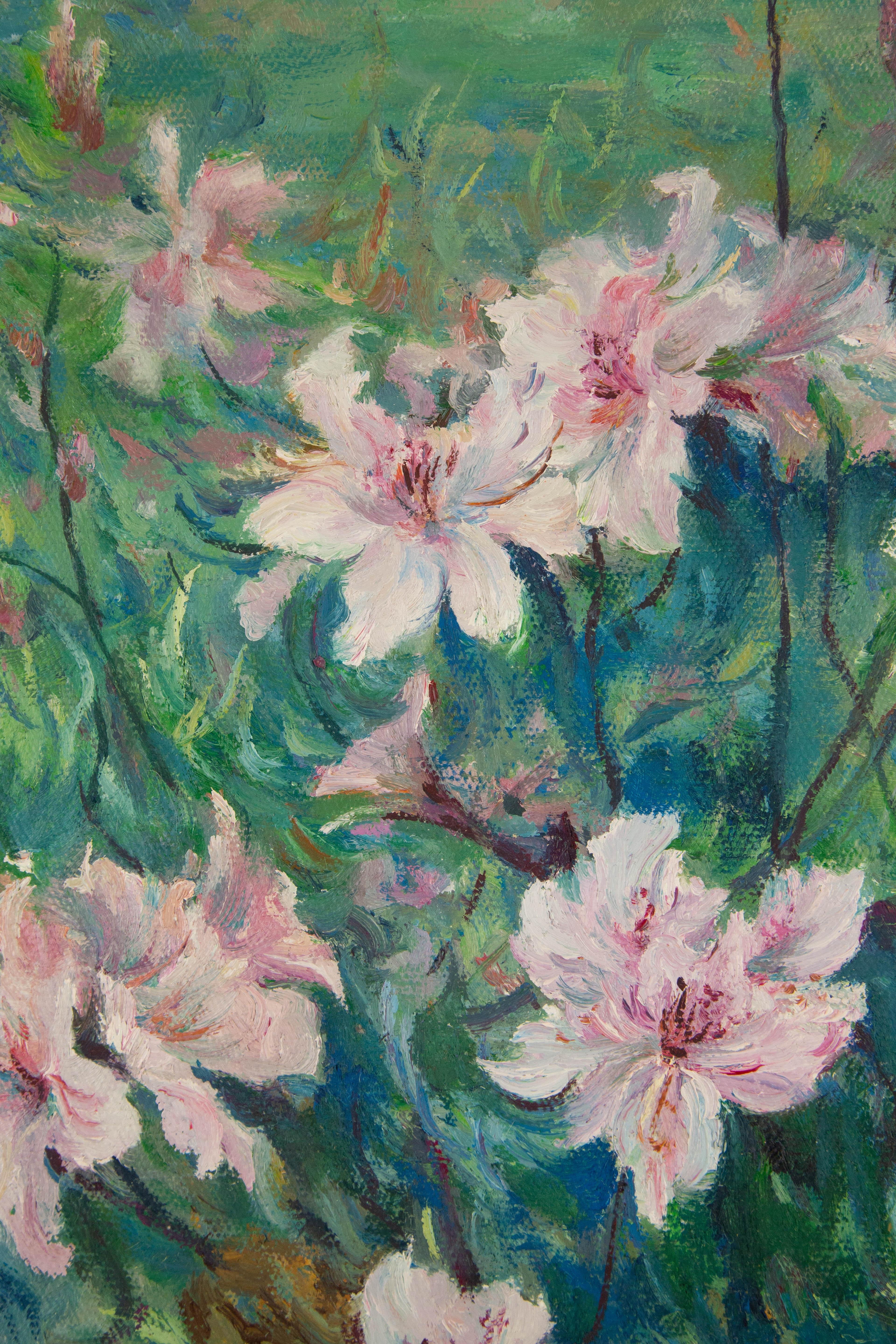 Peinture à l'huile originale d'un paysage de Panpan Wei « Azalea By The Wall » (Azalea au mur) en vente 5
