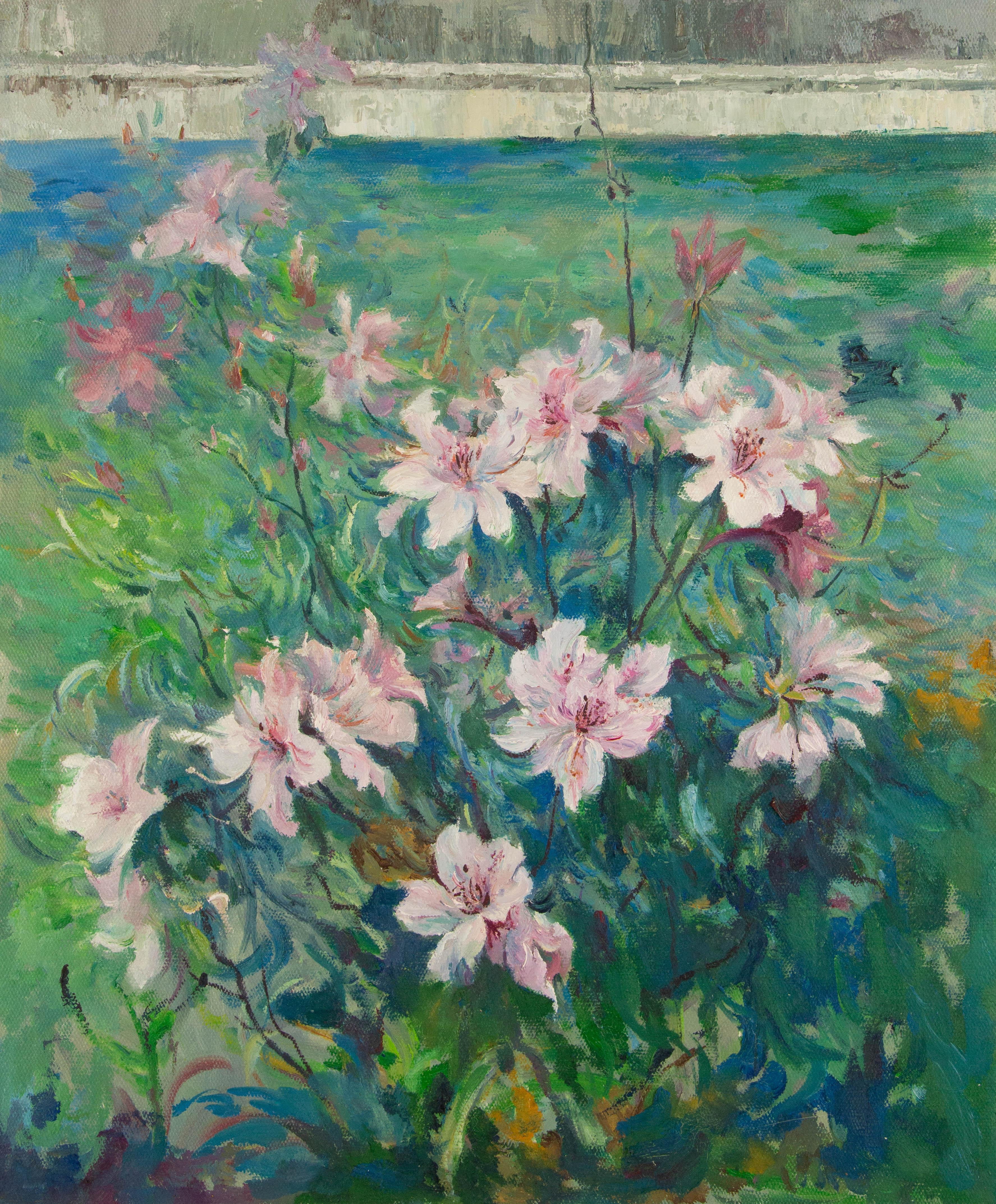 Panpan Wei Paesaggio Pittura ad olio originale "Azalea accanto al muro