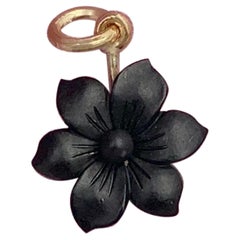 Pansy Flower Pendant Charm Black Jet 10 Karat Gold Victorian Art Nouveau