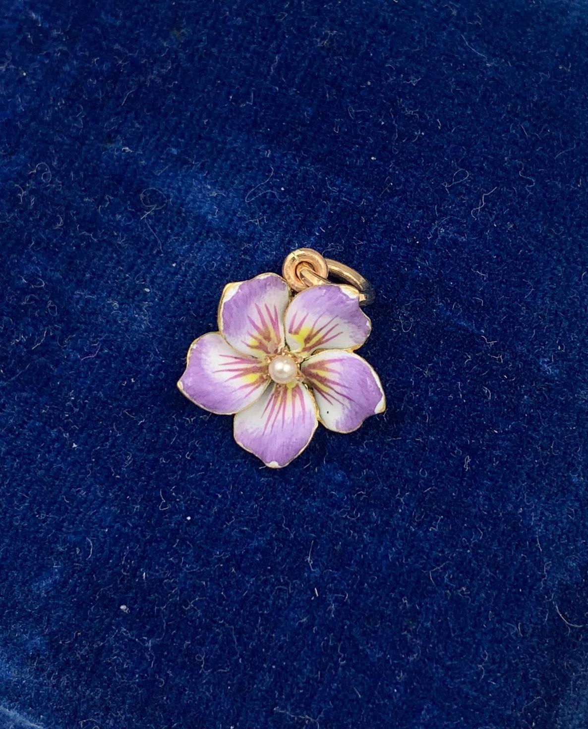 Bead Pansy Flower Pendant Enamel Pearl Charm 18 Karat Gold Victorian Art Nouveau For Sale