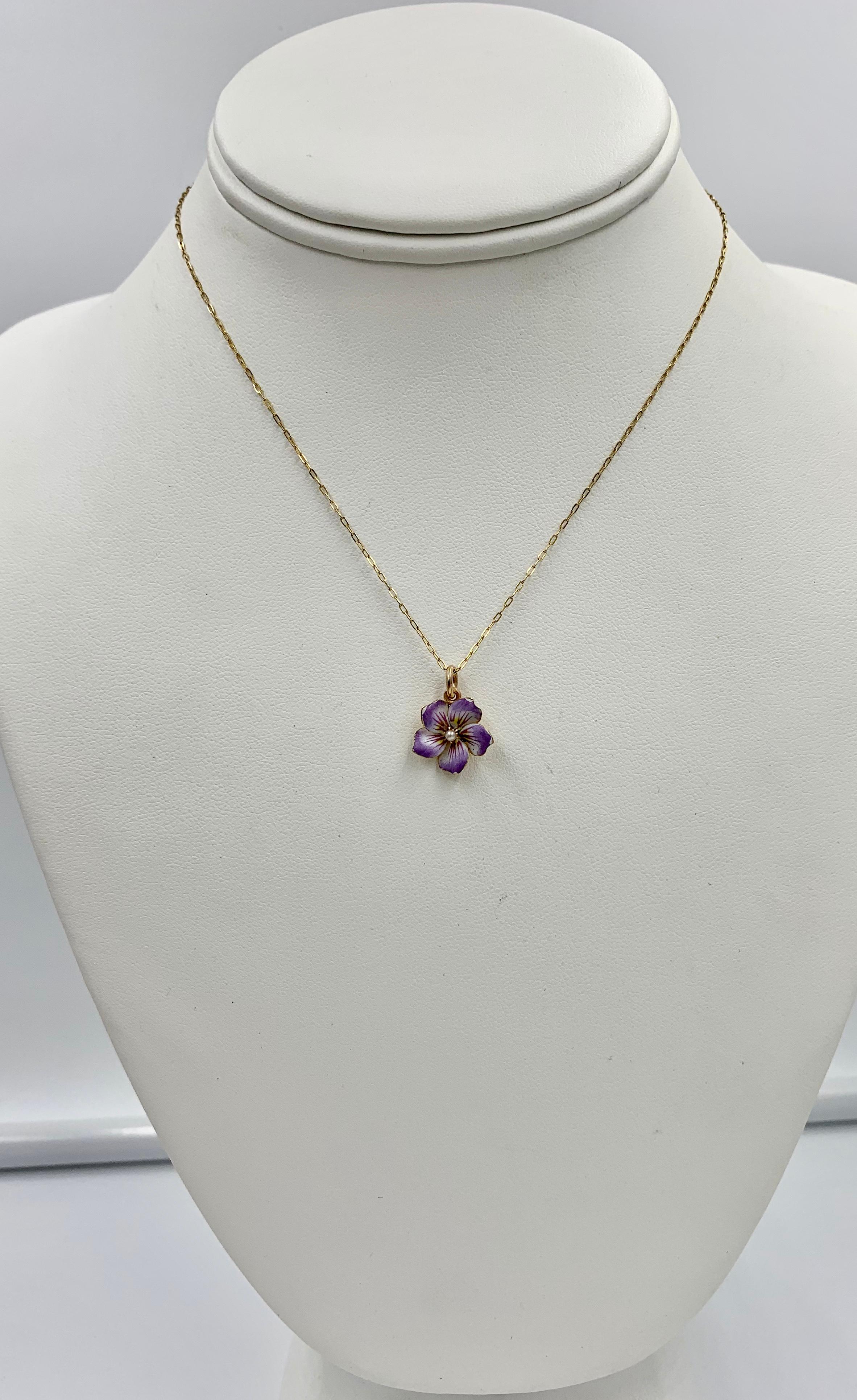 Pansy-Blumenanhänger aus 18 Karat Gold mit Emaille und Perlenanhänger im viktorianischen Art nouveau-Stil 3