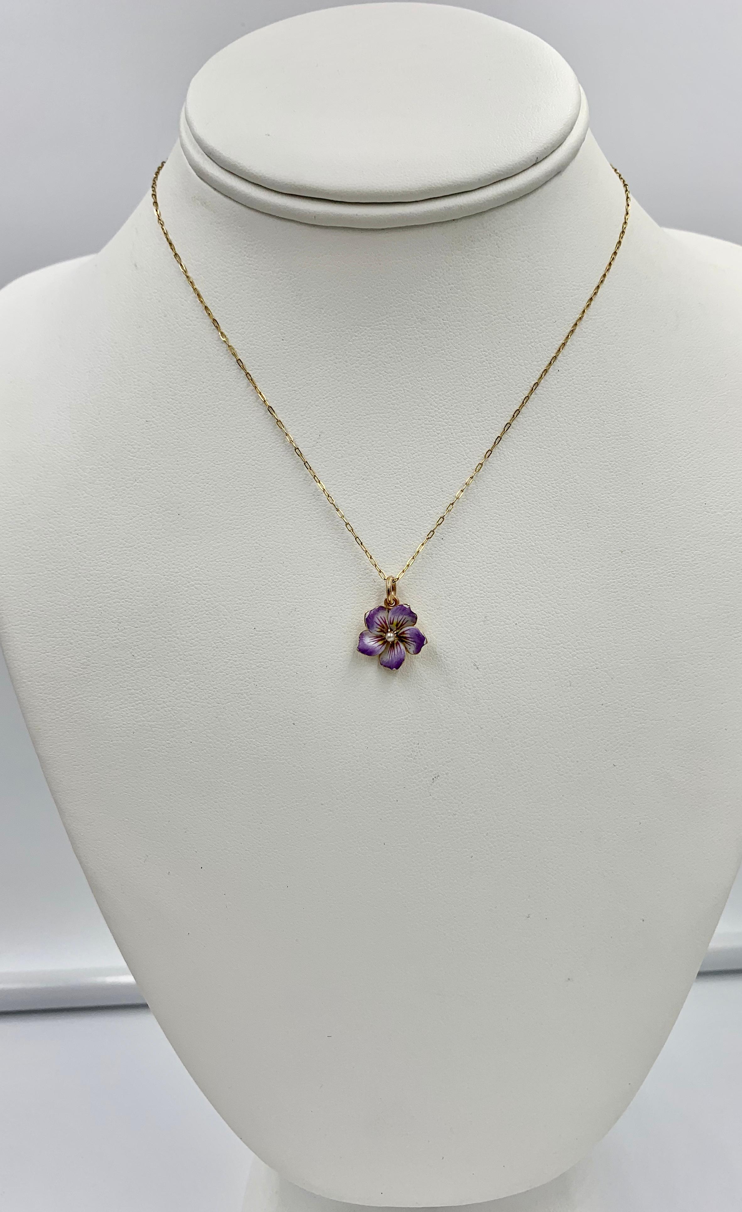 Women's Pansy Flower Pendant Enamel Pearl Charm 18 Karat Gold Victorian Art Nouveau For Sale