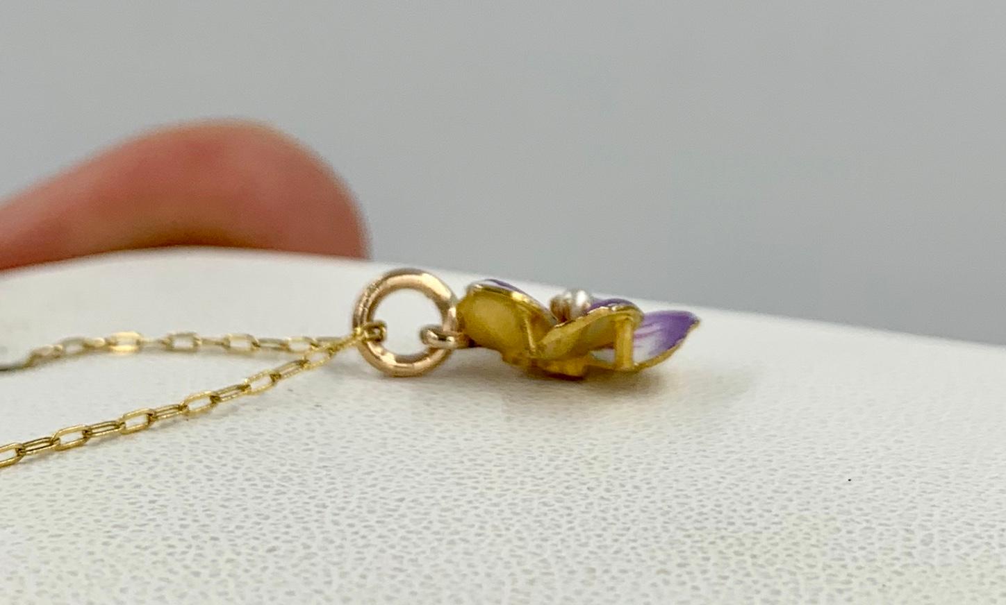 Pansy Flower Pendant Enamel Pearl Charm 18 Karat Gold Victorian Art Nouveau For Sale 2
