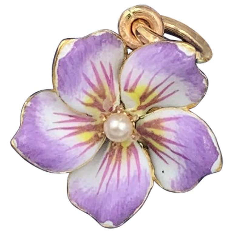 Pansy Flower Pendant Enamel Pearl Charm 18 Karat Gold Victorian Art Nouveau