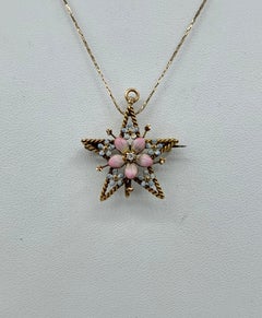 Pansy Forget-Me-Not Flower Star OMC Diamond Enamel Pendant 14K Gold Victorian