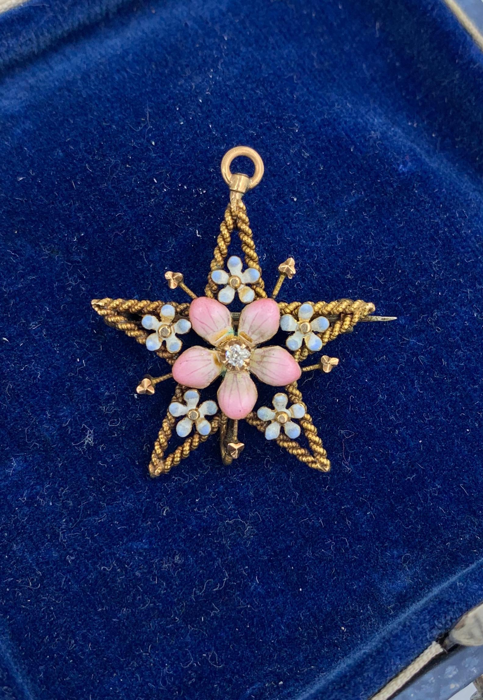 Pansy Forget-Me-Not Flower Star OMC Diamond Enamel Pendant 14K Gold Victorian In Excellent Condition For Sale In New York, NY