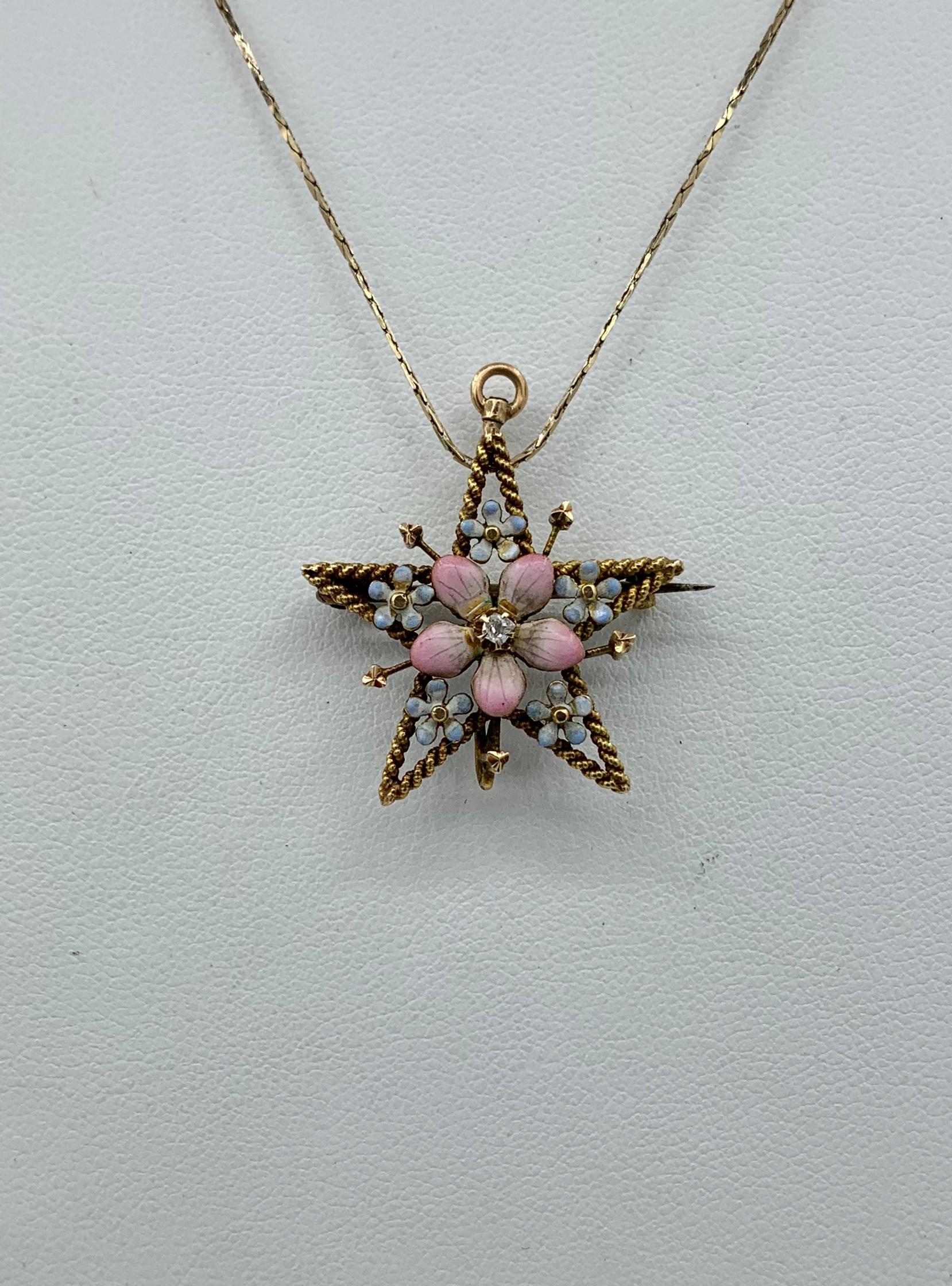 Women's Pansy Forget-Me-Not Flower Star OMC Diamond Enamel Pendant 14K Gold Victorian For Sale