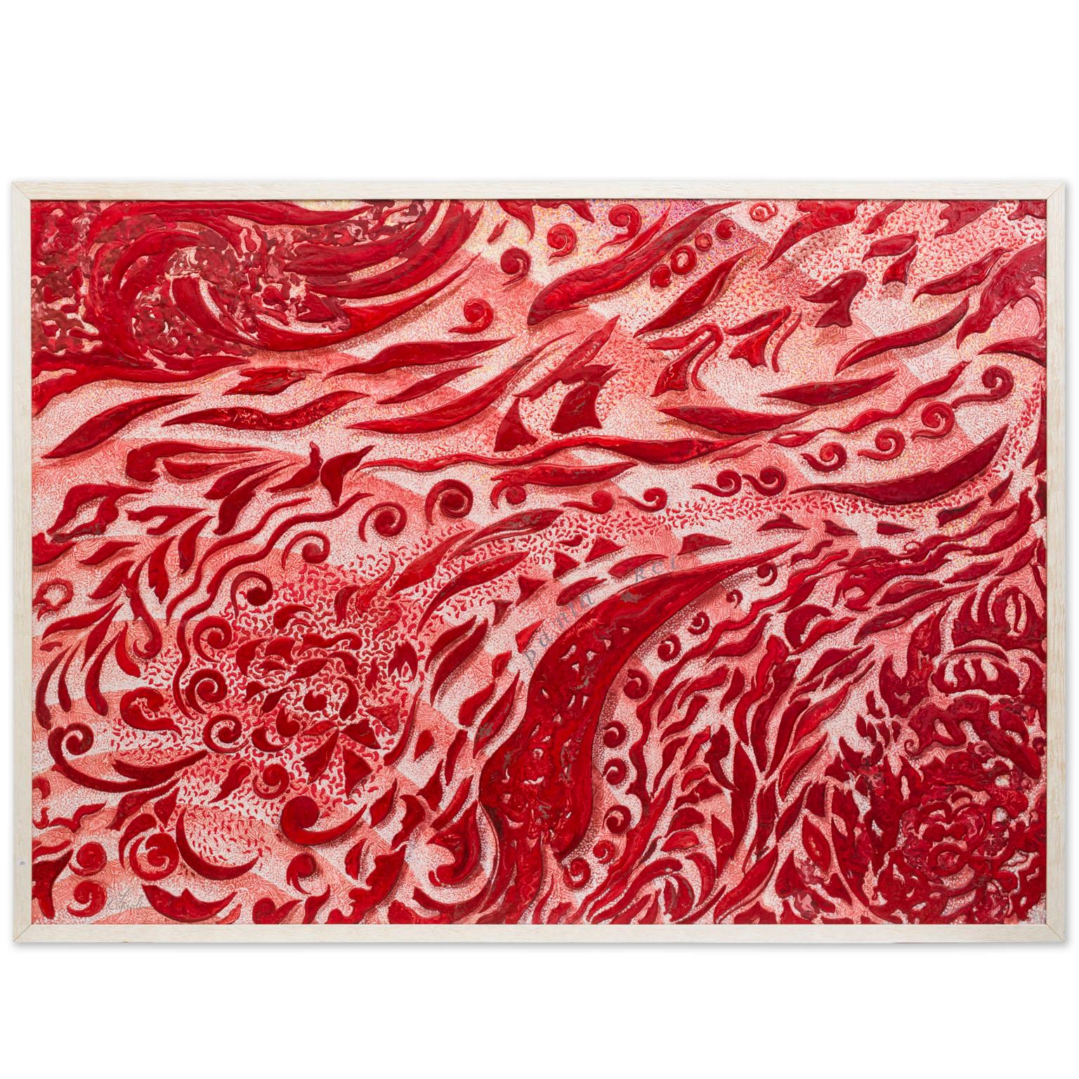 Artwork handmade wall panel red relief decor made in Italy by Cupioli available