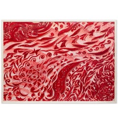 Red Abstract Wall Panel Scagliola Art Decoration in relief white wooden frame