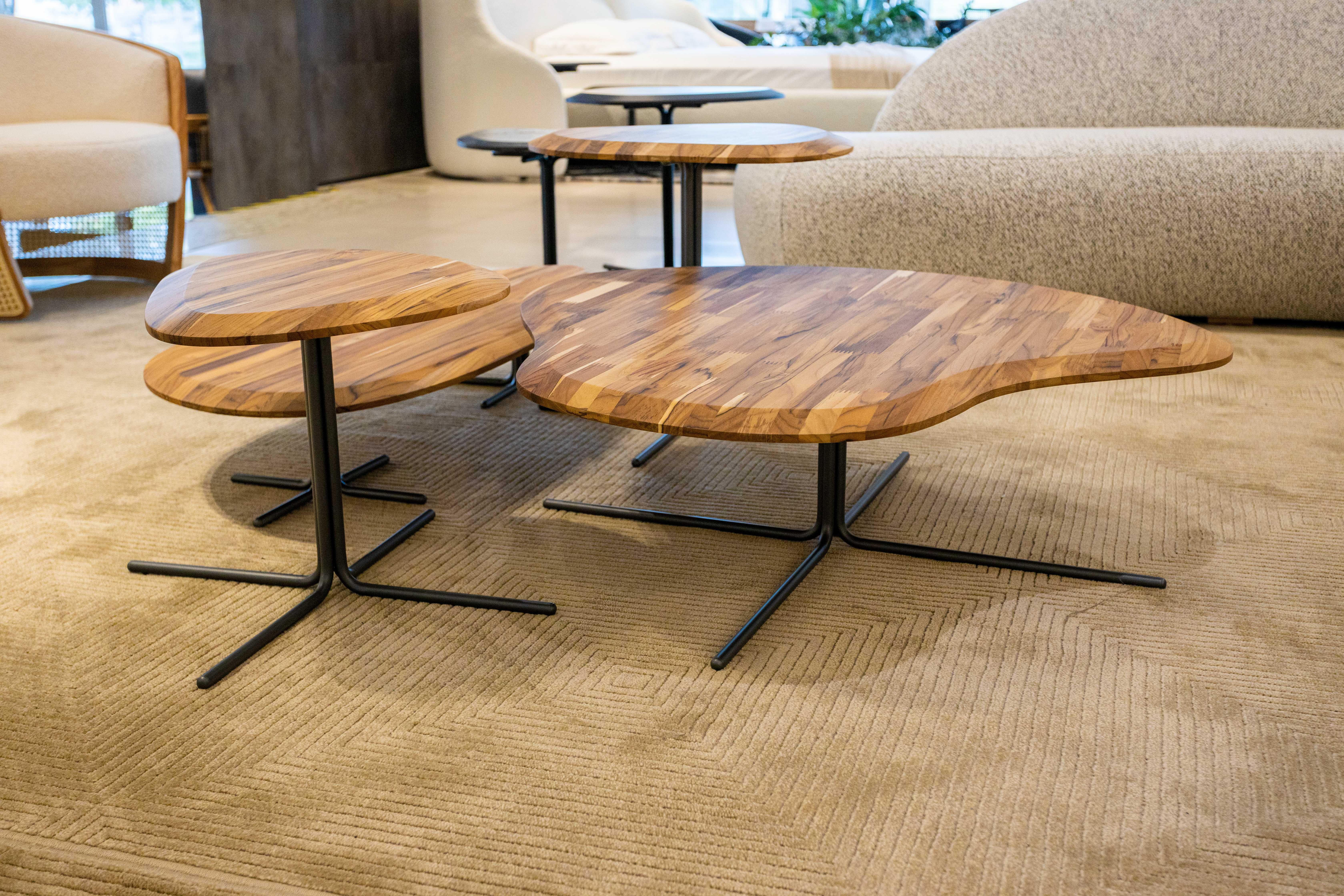 Modern Customizable Teak Coffee Table with Organic Design and Black Base, Pantê Line For Sale