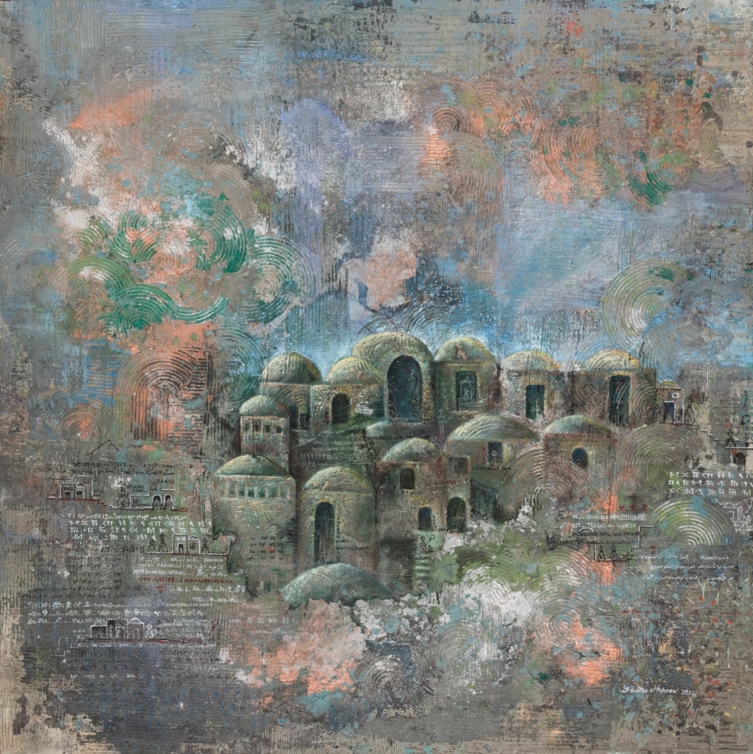 Pantea Mahrou Figurative Painting – Lucky Temple - Gemälde, Mischtechnik auf Leinwand