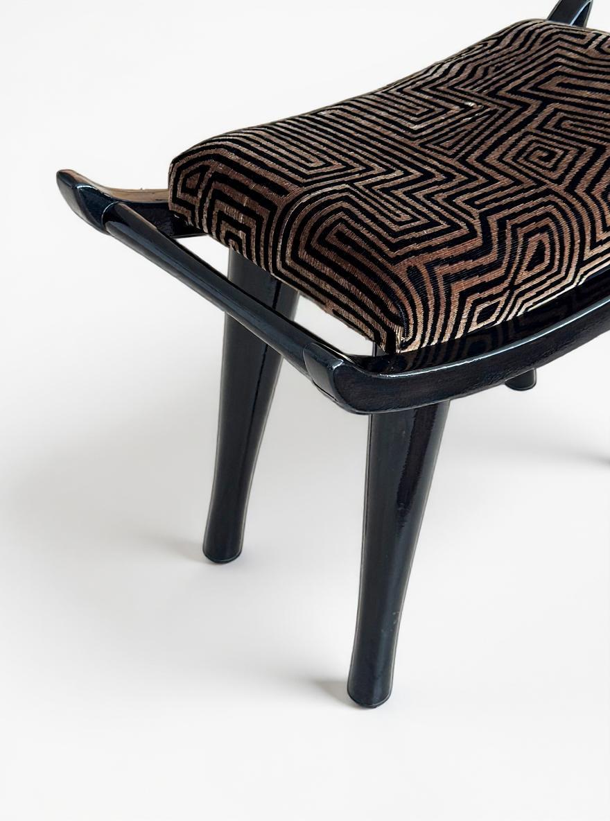 Hand-Carved Pantera Lacquered Stool with Dedar Upholstery by VandaVee For Sale