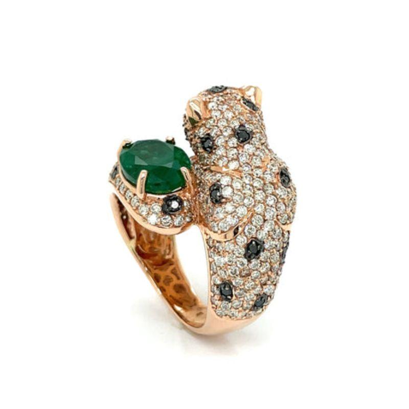 Oval Cut Panther 14K Rose Gold, Black and White Diamond and Emerald Panther Ring For Sale