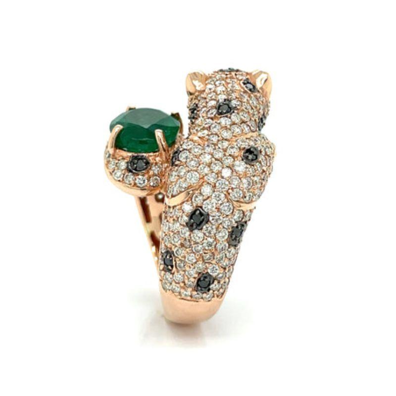 Panther 14K Rose Gold, Black and White Diamond and Emerald Panther Ring In New Condition For Sale In Derby, NY