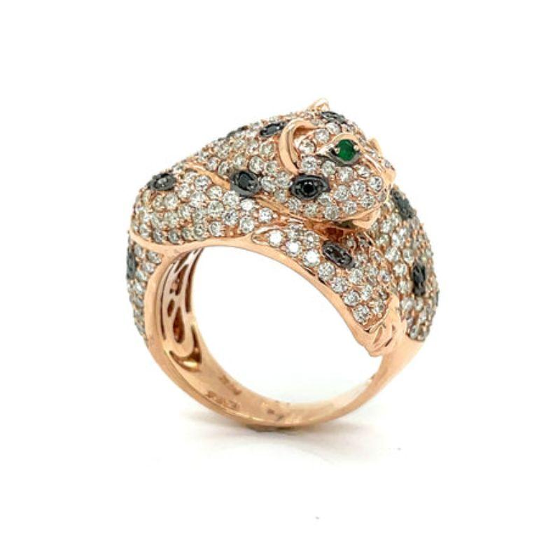 Women's Panther 14K Rose Gold, Black and White Diamond and Emerald Panther Ring For Sale