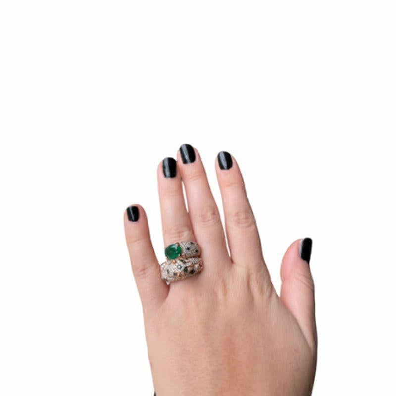 Panther 14K Rose Gold, Black and White Diamond and Emerald Panther Ring For Sale 1