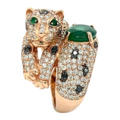 Panther 14K Roségold, Schwarzer und weißer Diamant und Smaragd Panther-Ring