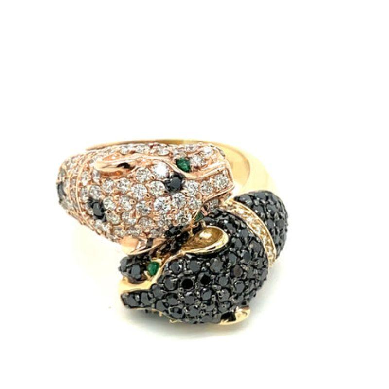 Effy 14K Yellow/Rose Gold, Diamond and Emerald Panther Ring

This gorgeous ring is the best of both worlds! This two-headed panther ring is two toned 14k rose and yellow gold, with 2.14 carats of black and white round cut diamonds. The four eyes