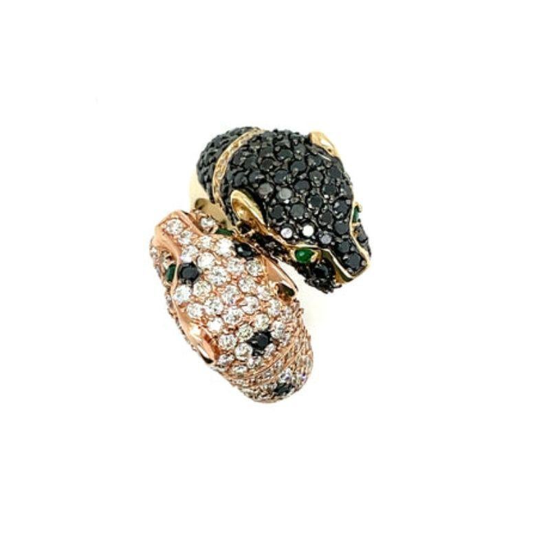 Taille ronde Bague panthère en or jaune/rose 14 carats, diamants et émeraudes en vente
