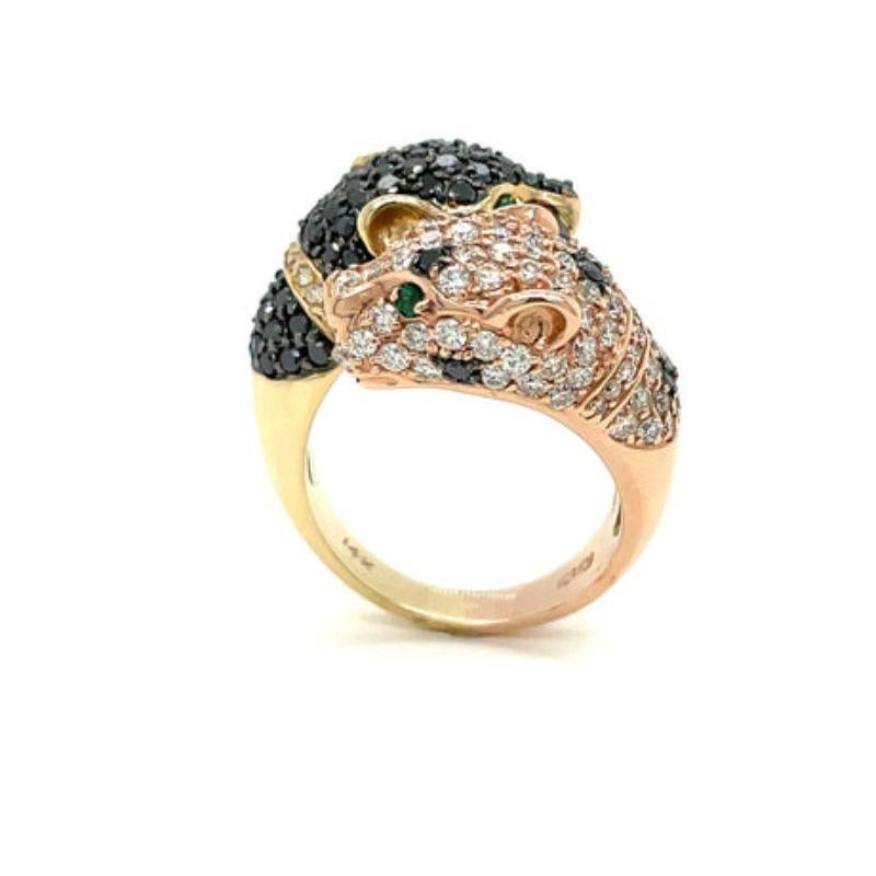 Round Cut Panther 14K Yellow/Rose Gold, Diamond and Emerald Panther Ring For Sale