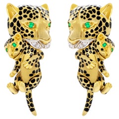 Panther and Cub Earrings Diamonds Emerald Eyes Enamel 14K Gold