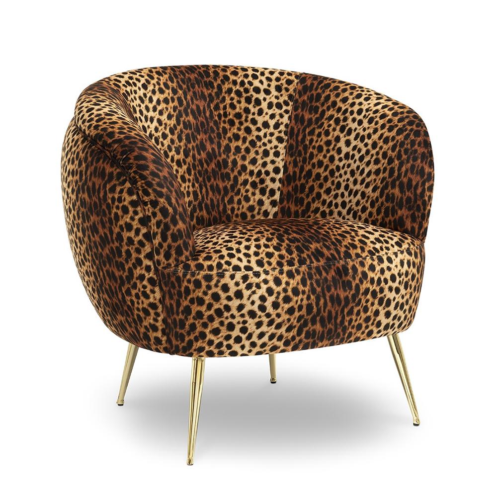 Armchair panther with structure n solid wood. Upholstered
and covered with panther finish velvet fabric. With metal feet
in gold finish.