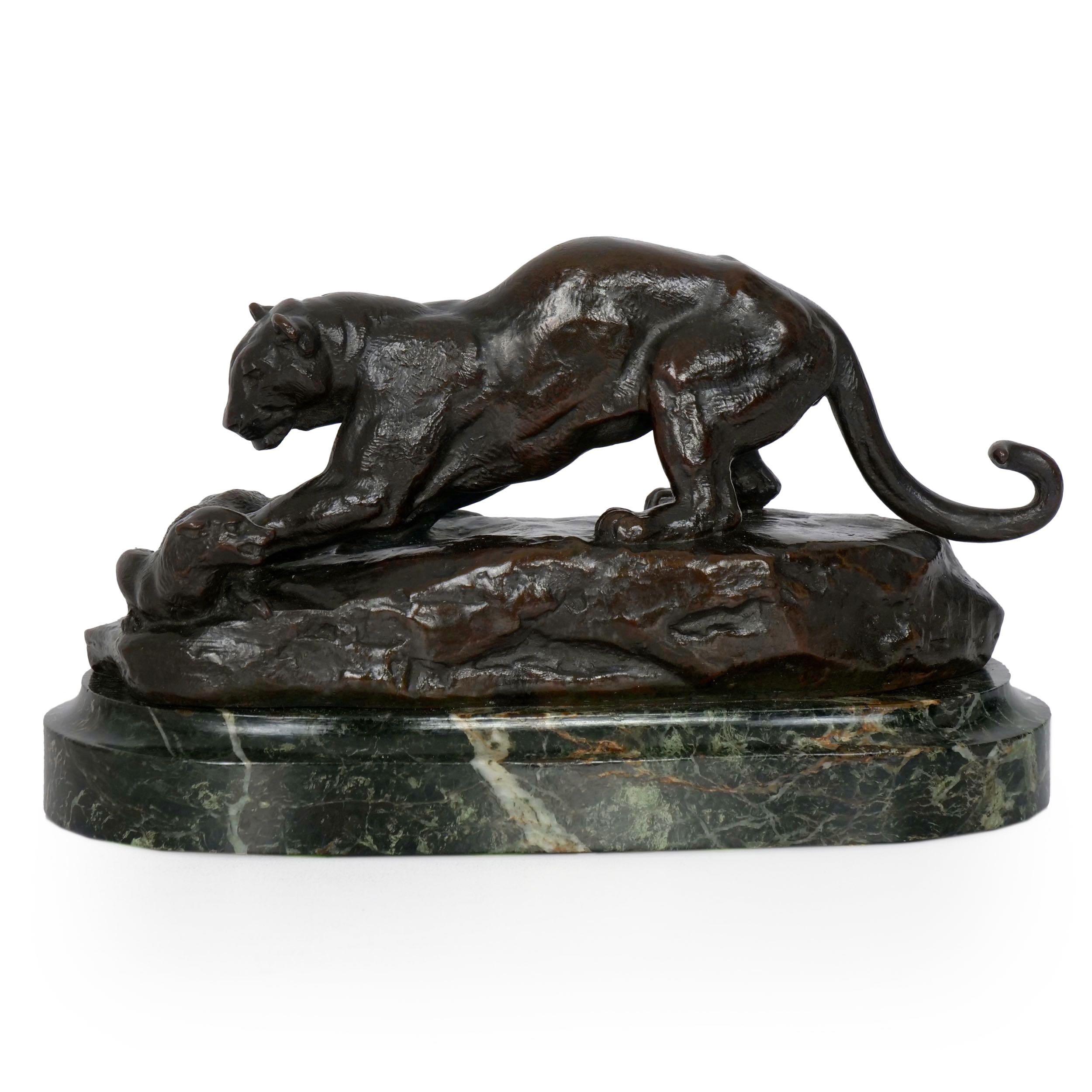A rare and exquisite cast that has not been on the market since it was acquired by a private collector in 1935, this exquisite model of Panthère suprenant un zibeth (Panther attacking a civet cat) depicts the large beast pawing at the snarling cat