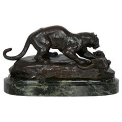 “Panther Attacking a Civet” French Antique Bronze Sculpture by Antoine L. Barye