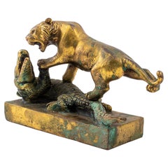 Panther Attacking Alligator, Bronze Sculpture, Unsigned
