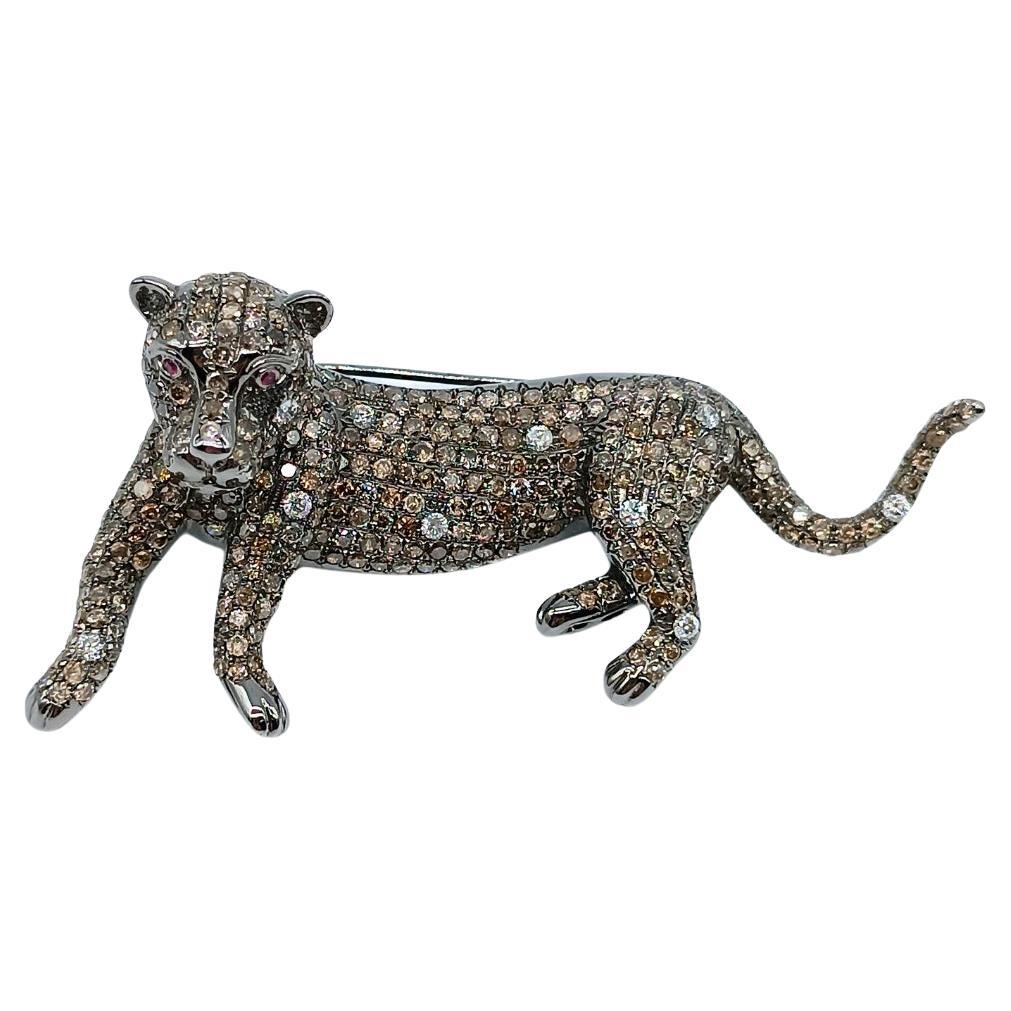 Panther Brooch with Diamonds and Rubies For Sale