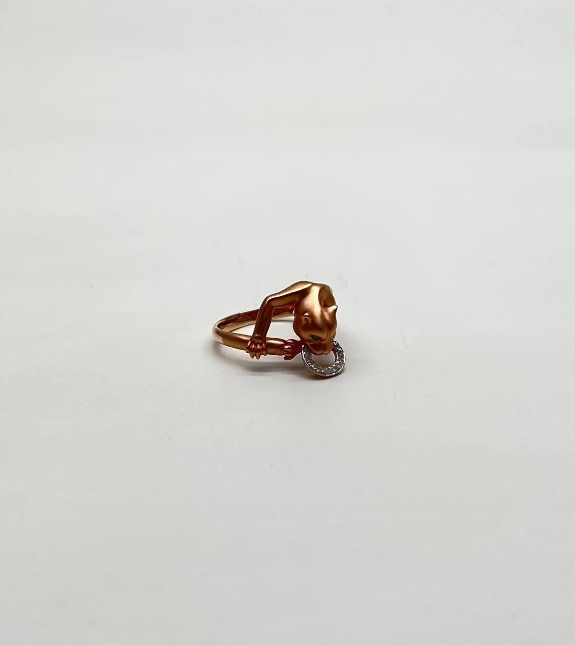 Panther Cat Emerald Diamond Ring 14K Rose Gold Statement Ring For Sale 7