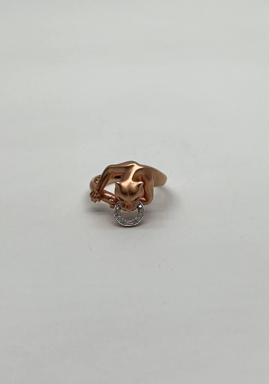 Panther Cat Emerald Diamond Ring 14K Rose Gold Statement Ring In New Condition For Sale In Oakton, VA
