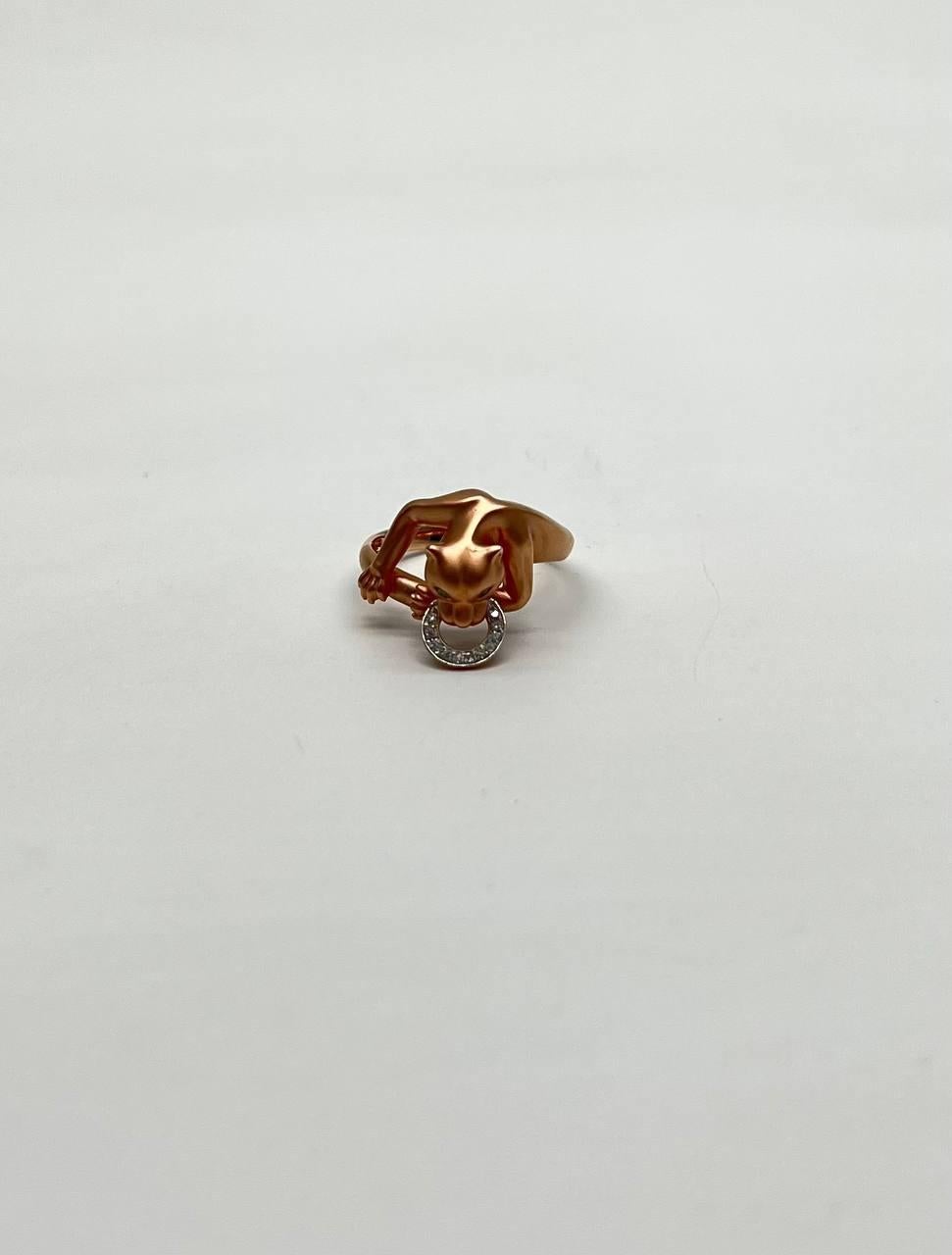 Panther Cat Emerald Diamond Ring 14K Rose Gold Statement Ring For Sale 2