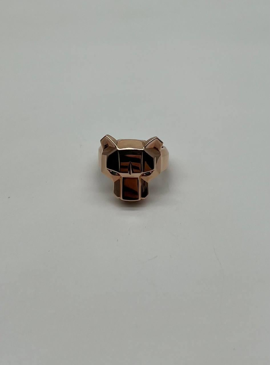 Mixed Cut Panther Cat Emeralds Diamonds Head Face Ring 14K Rose Gold Statement Ring For Sale