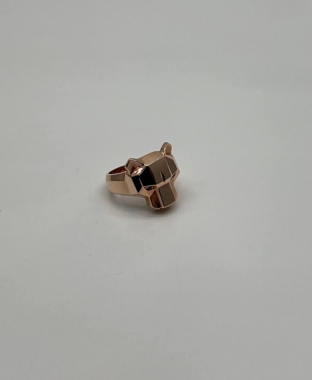 Women's Panther Cat Emeralds Diamonds Head Face Ring 14K Rose Gold Statement Ring For Sale