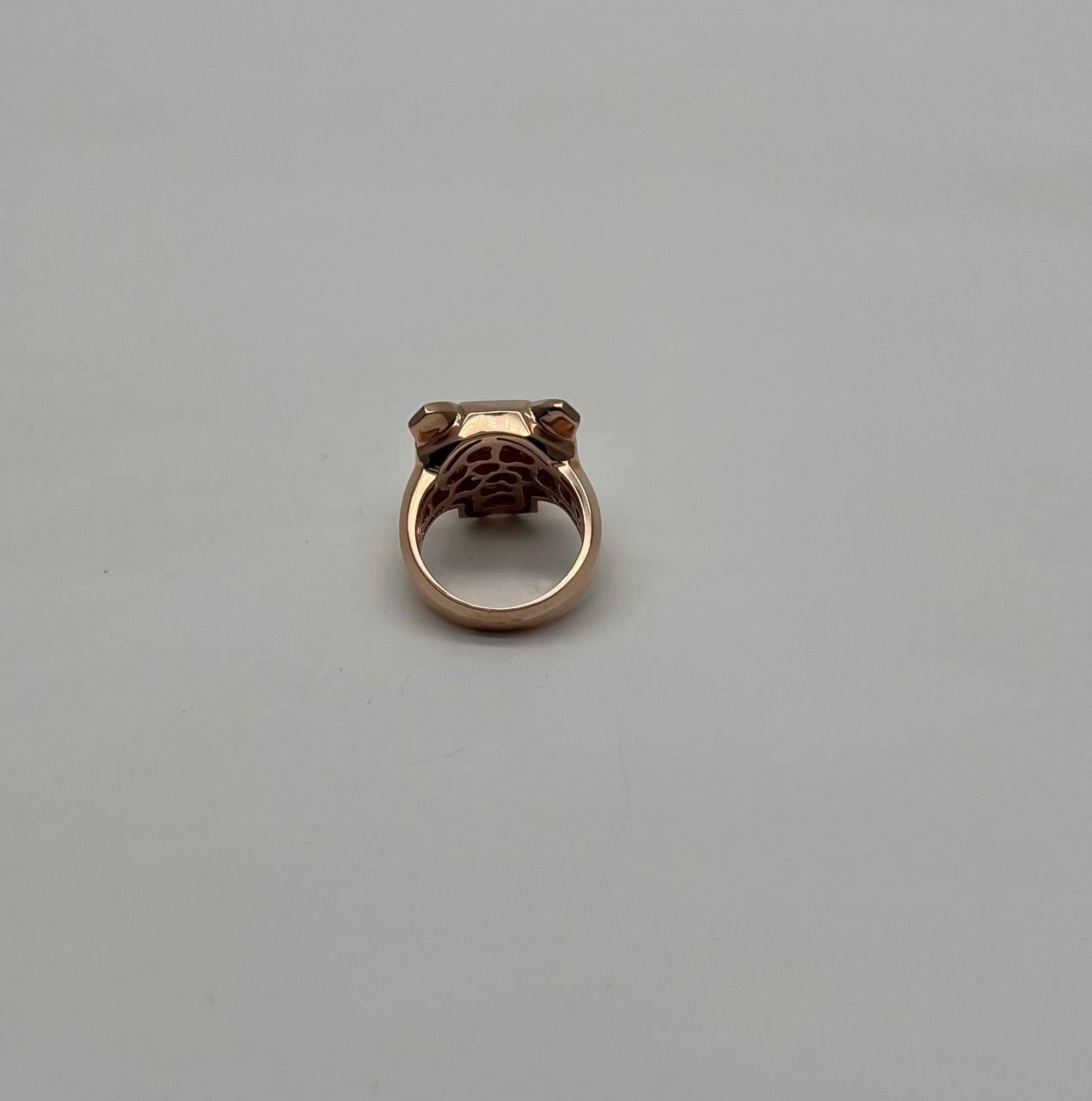 Panther Cat Emeralds Diamonds Head Face Ring 14K Rose Gold Statement Ring For Sale 1