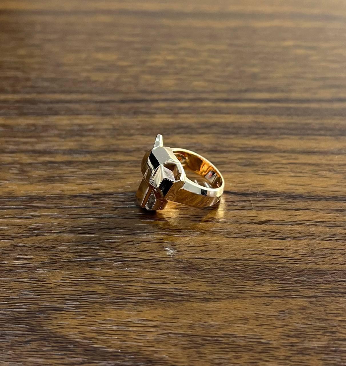 Panther Cat Emeralds Diamonds Head Face Ring 14K Rose Gold Statement Ring For Sale 2