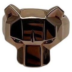 Panther Cat Emeralds Diamonds Head Face Ring 14K Rose Gold Statement Ring