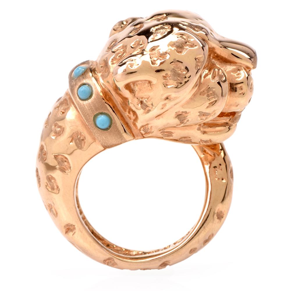 Round Cut Panther Designer Adlinea Turquoise 18 Karat Gold Ring
