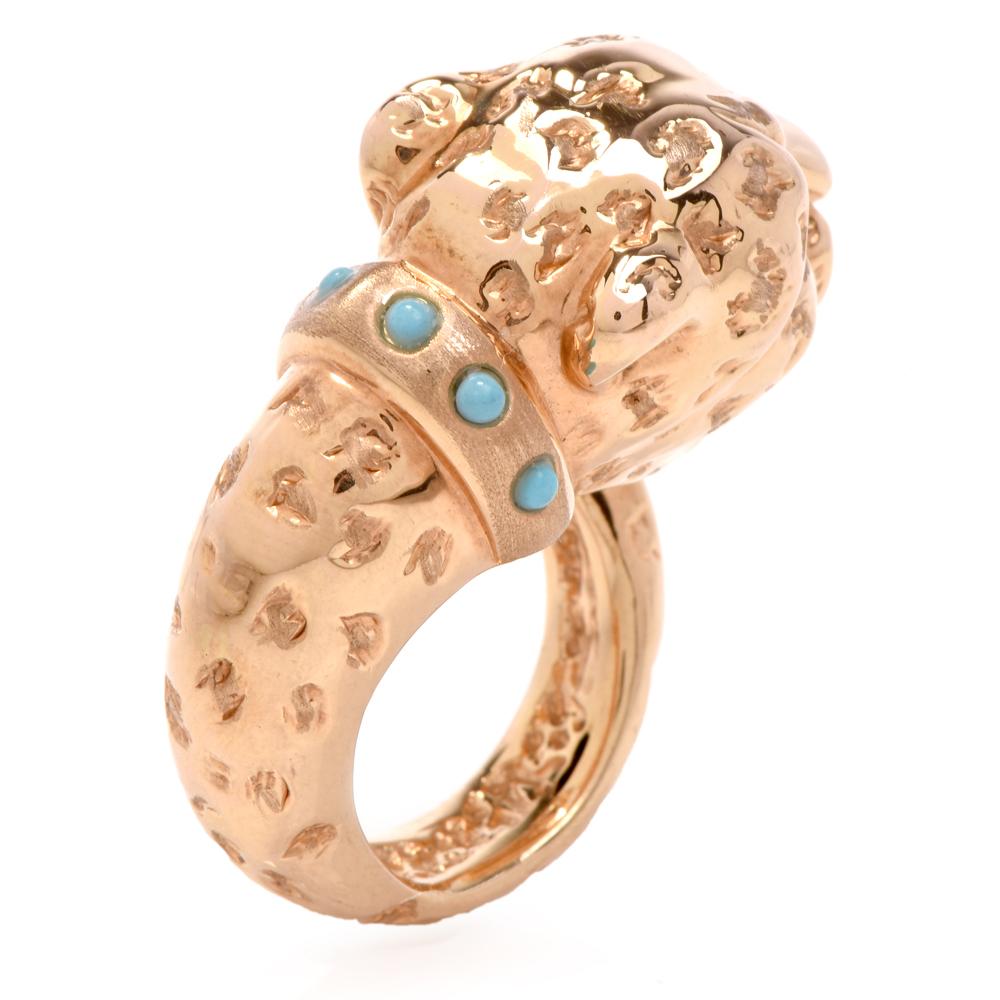 Women's or Men's Panther Designer Adlinea Turquoise 18 Karat Gold Ring