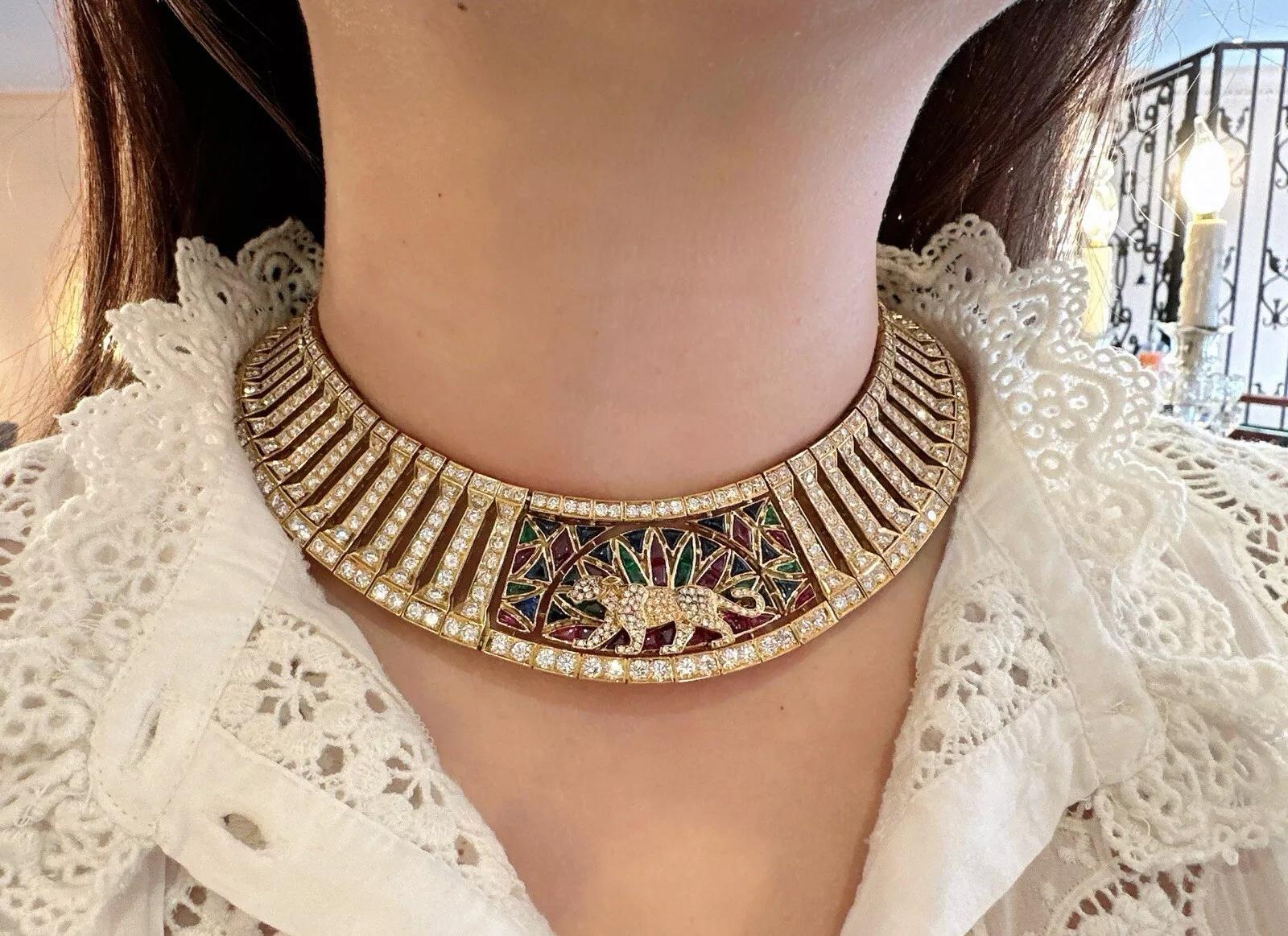 Round Cut Panther Diamond and Colored Stone Collar Necklace & Bracelet Set 18k Yellow Gold