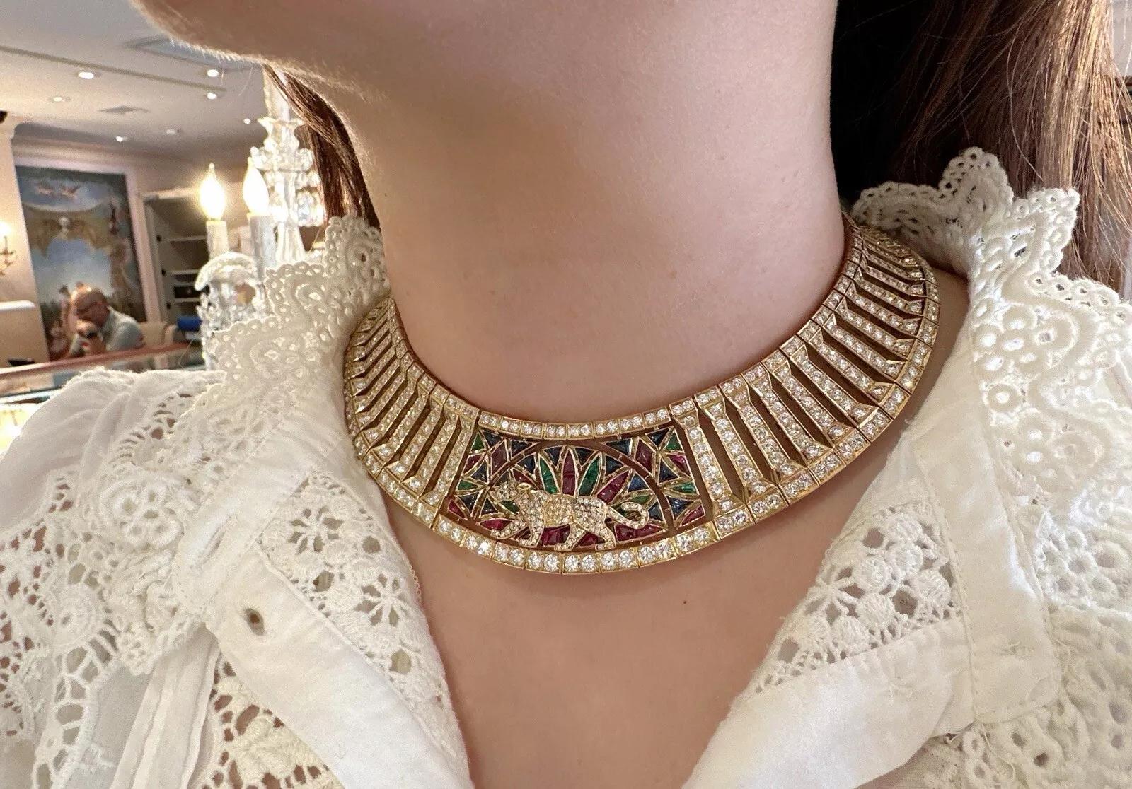 Panther Diamond and Colored Stone Collar Necklace & Bracelet Set 18k Yellow Gold In Excellent Condition In La Jolla, CA